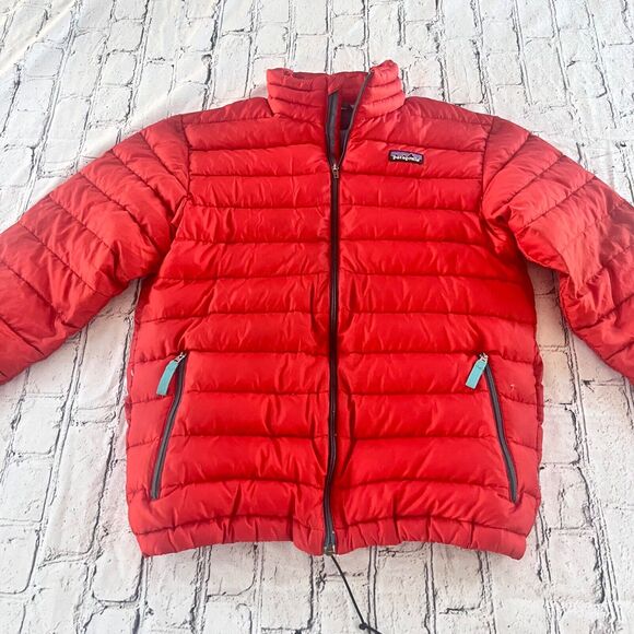 Patagonia Kids Boys Down Filled Puffer Coat Burnt Red Size L READ